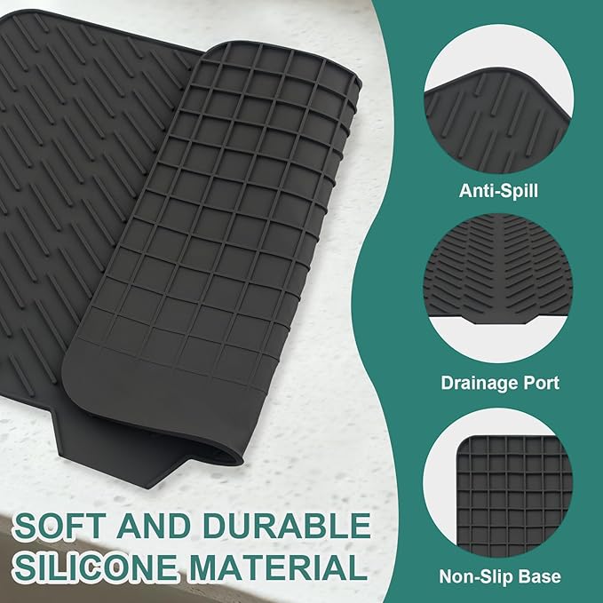 Silicone Dish Drying Mat 23x17,Food-Grade Silicone,Easy Clean Pad for Countertop Protection,Heat Resistant,Easy Clean,Non-Slip Drain Pad with Built-in Drain,Multi-Functional Use,Black - Image 4