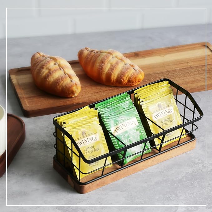 WILDMOS Tea Bag Organizer,Iron Wire Basket with Wooden Base.Tea Storage Containers with 3 Slots,Sugar Packet,Tea Bar Accessories for Countertop Cabinet Drawer. - Image 2