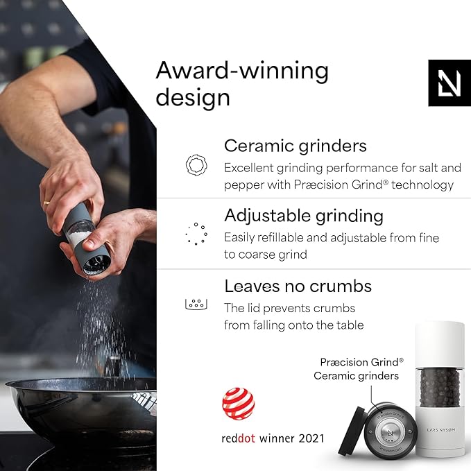 LARS NYSØM Salt and Pepper Grinder Set, Manual Salt and Pepper Mills with Adjustable Ceramic Grinder, Design Spice Shaker Set (Black/White) - Image 2