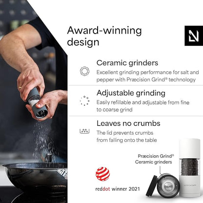 LARS NYSØM Salt and Pepper Grinder Set, Manual Salt and Pepper Mills with Adjustable Ceramic Grinder, Design Spice Shaker Set (Black/White) - Image 2