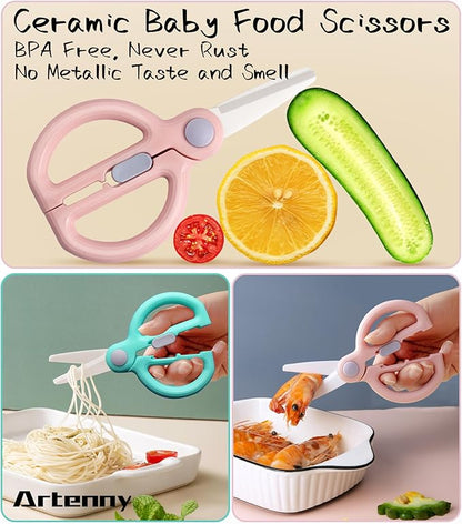 Ceramic Baby Food Scissors Kids with Travel Case, Toddler Scissors with Safety Lock, Ideal for Pizza, Meats, Noodles, Vegetables, and Fruits (C/D)