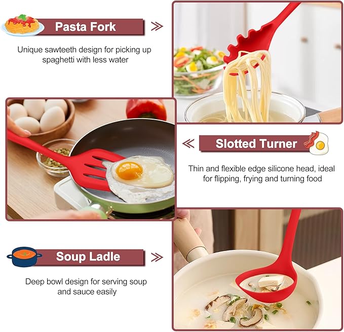 TeamFar Kitchen Utensils, 7 PCS Silicone Cooking Baking Utensil, Non-Stick Kitchen Gadgets with Ladle Spatula Spoon Turner Pasta Server, Non-Toxic & One Piece, Heat Resistant & Dishwasher Safe-Red - Image 5