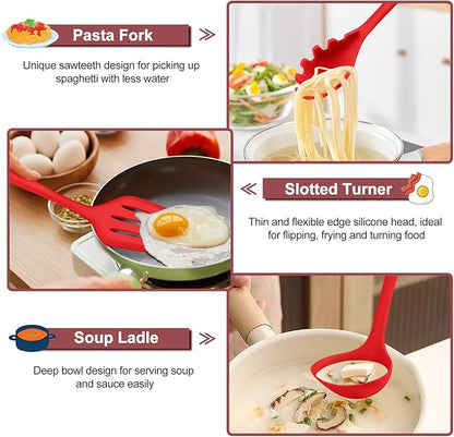 TeamFar Kitchen Utensils, 7 PCS Silicone Cooking Baking Utensil, Non-Stick Kitchen Gadgets with Ladle Spatula Spoon Turner Pasta Server, Non-Toxic & One Piece, Heat Resistant & Dishwasher Safe-Red - Image 5