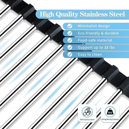 Seropy Roll Up Dish Drying Rack Over The Sink Drying Rack for Kitchen Counter, Rolling Dish Rack Over Sink Mat, Foldable Dish Drainer Stainless Steel Rack Kitchen Organization Gadgets Black 17"x11.8" - Image 4