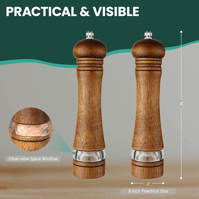 2-Piece Salt and Pepper Grinder Set, 8 Inch Wooden Salt and Pepper Mills with Adjustable Coarseness, Refillable Manual Pepper Mill Grinder for Home Cooks (Brown)