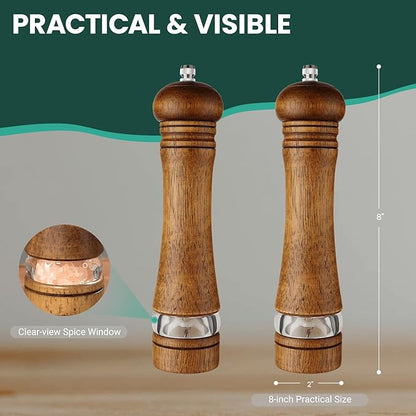 2-Piece Salt and Pepper Grinder Set, 8 Inch Wooden Salt and Pepper Mills with Adjustable Coarseness, Refillable Manual Pepper Mill Grinder for Home Cooks (Brown)