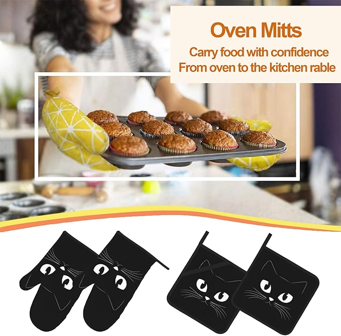Oven Mitts and Hot Pads Set - Black Cat Design, Heat Resistant Cute Pot Holders for Kitchen, Baking Gifts for Women