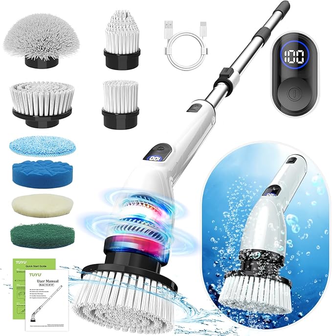 TUYU Electric Spin Scrubber, Full-Body IPX7 Waterproof Bathroom Scrubber with Power LCD Display, 8 Replacement Head, Adjustable Extension Handle, Cordless Shower Cleaner Brush for Bathtub Cleaning by TUYUElectricspinscrubber
