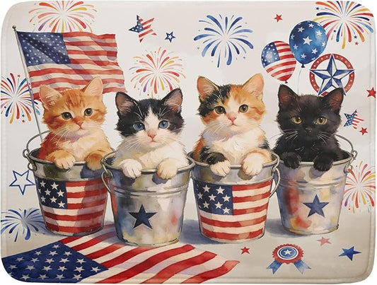 Vintage Patriotic Dish Drying Mat Cute Cats American Flag Drying Matt Kitchen Counter for Home Decor by Giwawa