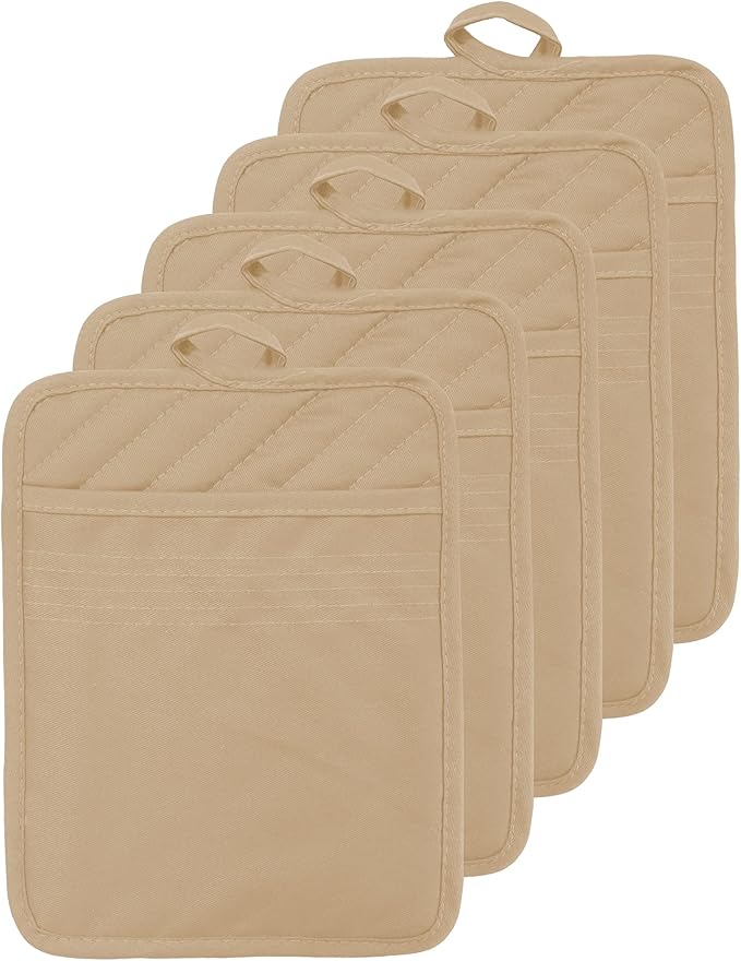 Oven Pot Holder with Pocket Cotton Heat Resistant Coaster Potholder Kitchen Hot Pad Oven Mitts for Cooking Square 7"x9"Set of 5 (Khaki) by VEIKERY