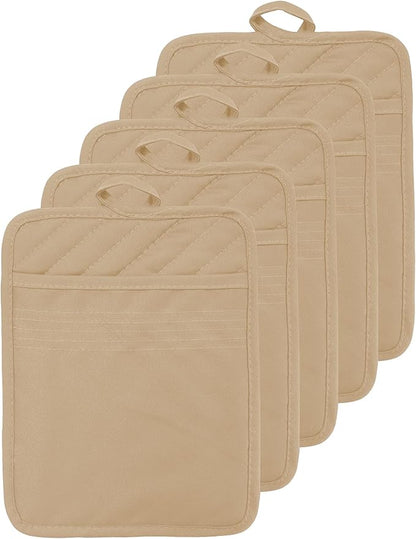 Oven Pot Holder with Pocket Cotton Heat Resistant Coaster Potholder Kitchen Hot Pad Oven Mitts for Cooking Square 7"x9"Set of 5 (Khaki) by VEIKERY
