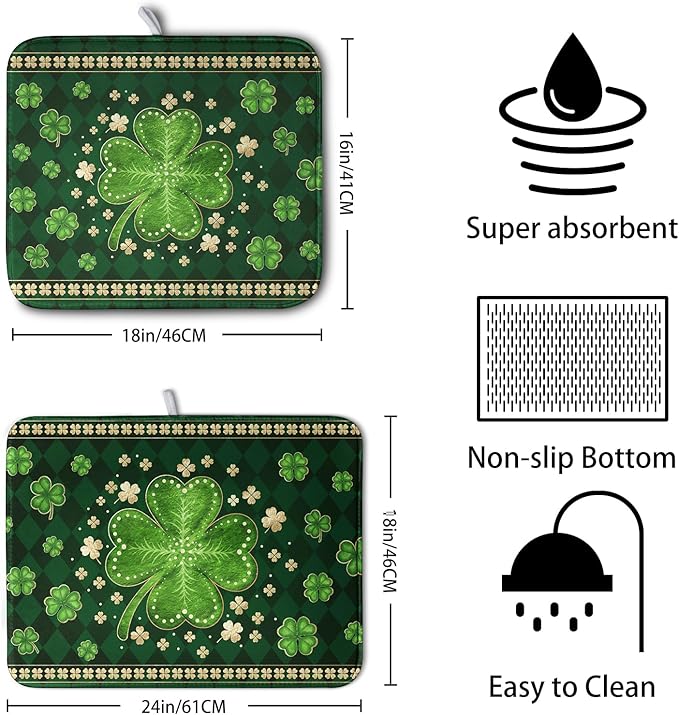 St Patricks Day Drying Mat for Kitchen Counter Shamrock Dish Drying Mats Lucky Clovers Green Plaid Dish Dryer Pad Absorbent Reversible Dish Drainer Rack Mat Kitchen Accessories 16x18 Inch - Image 2
