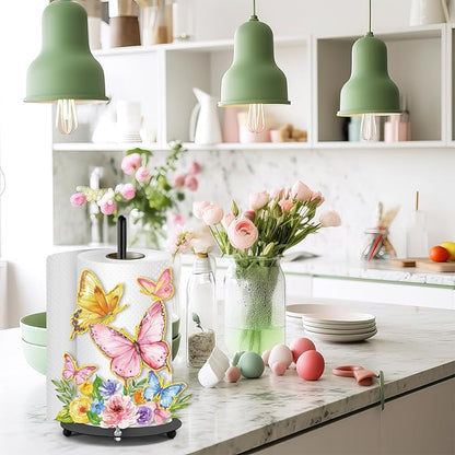 Whaline Spring Summer Paper Towel Holder Colorful Butterfly Floral Large Metal Towel Holder Countertop Roll Stand Organizer for Home Party Kitchen Bathroom Decor Accessories