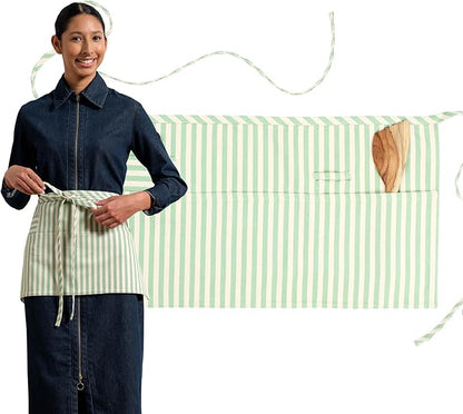 MEEMA Chef Waist Apron Cotton Fabric |Washable & Breathable Waitress & Server Half Aprons for Women with Pockets & Long Waist Straps | Cooking, Baking, Grilling & Crafting