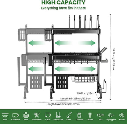 Over The Sink Dish Drying Rack, Adjustable 3 Tier Large Capacity Stainless Steel Drainer with Cutlery/Utensil/Cup Holder Hooks, Kitchen Storage & Organization, 25"-38" L x 11" W x 37.5" H, Black