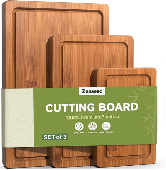 3-Piece Set Bamboo Cutting Board for Kitchen - Crack-Resistant Wood Chopping Boards with Deep Juice Grooves, Pre-Oiled Butcher Block for Meat, Vegetables & Cheese, Carbonized by Unknown