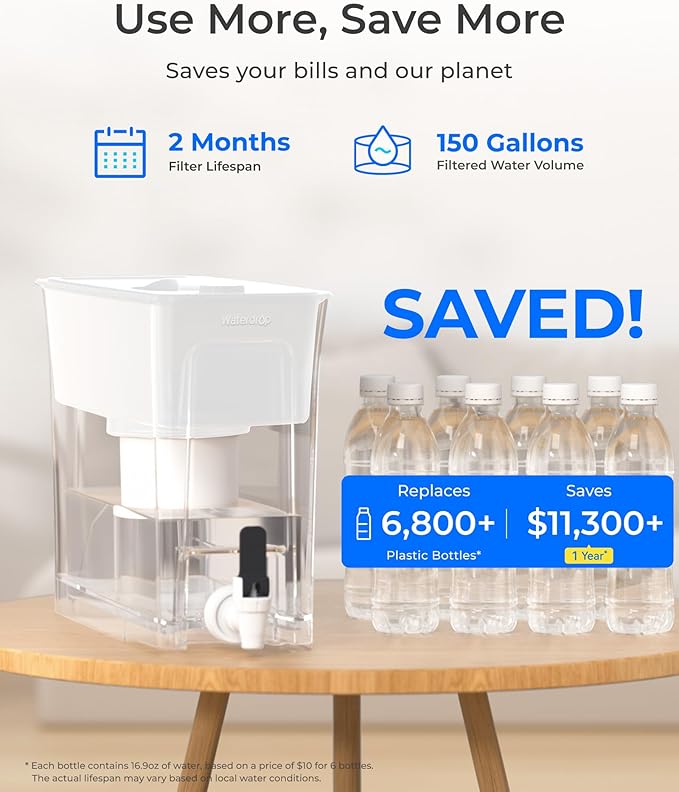 Waterdrop Fluoride-Reducing Water Filter Dispenser, 35-Cup, 150-Gallon Long-Life, Large Capacity, Reduces Chlorine, PFOA/PFOS and More, BPA Free, White (with 1 Filter) - Image 6