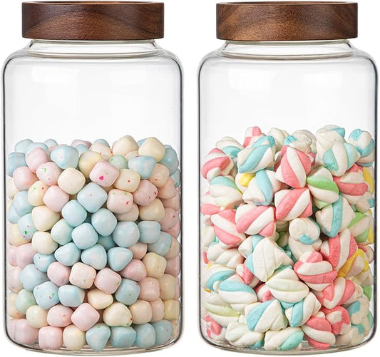 Large Glass Coffee Jars Round Storage Canister with Wooden Lid Clear Glass Food Jar for Pantry Sugar Tea Coffee Bean Spice Nuts Cookies Bath Salts by Patoper