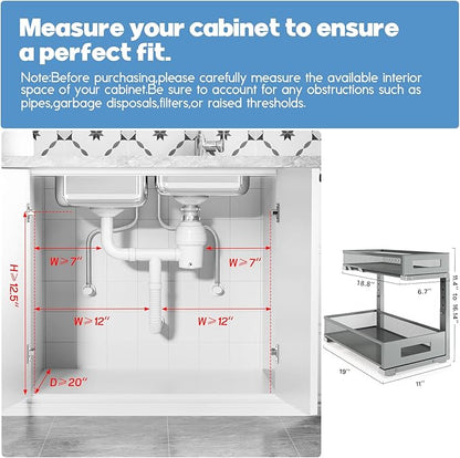 1 Pack 19IN Depth Under Sink Storage Organizer, Large 2-Tier Elegant Mesh Pull Out Shelf for Kitchen and Bathroom Cabinet Organization, L-Shaped and Adjustable Height Design-Gun Gray - Image 2