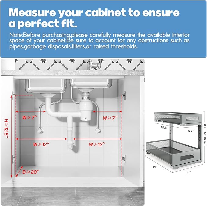 2 Pack 19IN Depth Under Sink Storage Organizer, Large 2-Tier Elegant Mesh Pull Out Shelf for Kitchen and Bathroom Cabinet Organization, L-Shaped and Adjustable Height Design-Gun Gray - Image 2