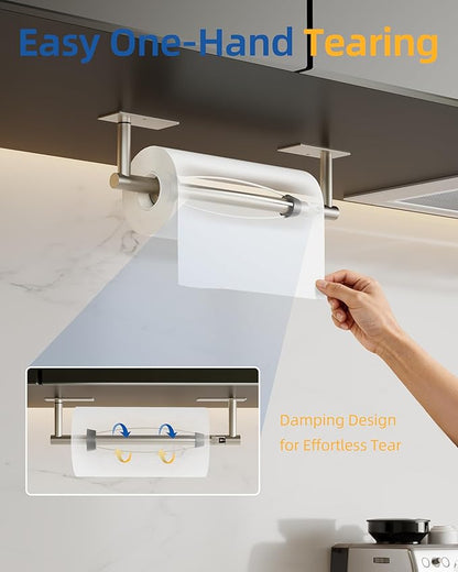 RUACQ Paper Towel Holder Under Cabinet, One Hand Tearing Paper Towel Holder with Damping Effect, Wall Mount & Adhesive Stainless Steel Paper Roll Holder for Kitchen Bathroom (Brushed Nickel)