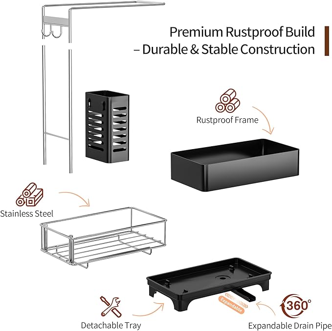 MOUKABAL Sponge Holder for Kitchen Sink, 2-Tier Sink Caddy Organizer with Drain Holes and Hooks, Holds Dishcloth, Sponge & Brushes, Kitchen Countertop Storage for New Home Essentials Black - Image 3