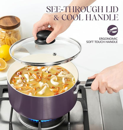 MICHELANGELO Nonstick Sauce Pan with Lid, Ceramic Saucepan Set, Non Toxic Small Saucepans Sets with Stay-Cool Handle, Induction Pots For Cooking, PTFE & PFOA Free - 1Qt & 2Qt & 3Qt, Purple - Image 4