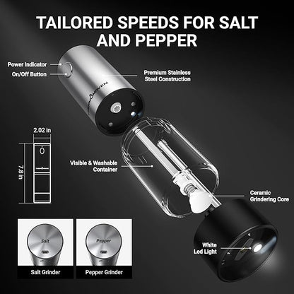 ThermoMaven Upgraded Larger Capacity Electric Salt and Pepper Grinder Set, 110ml Rechargeable Salt and Pepper Shaker with LED Light, 6 Adjustable Coarseness, Stainless Steel, Black & Silver - Image 7
