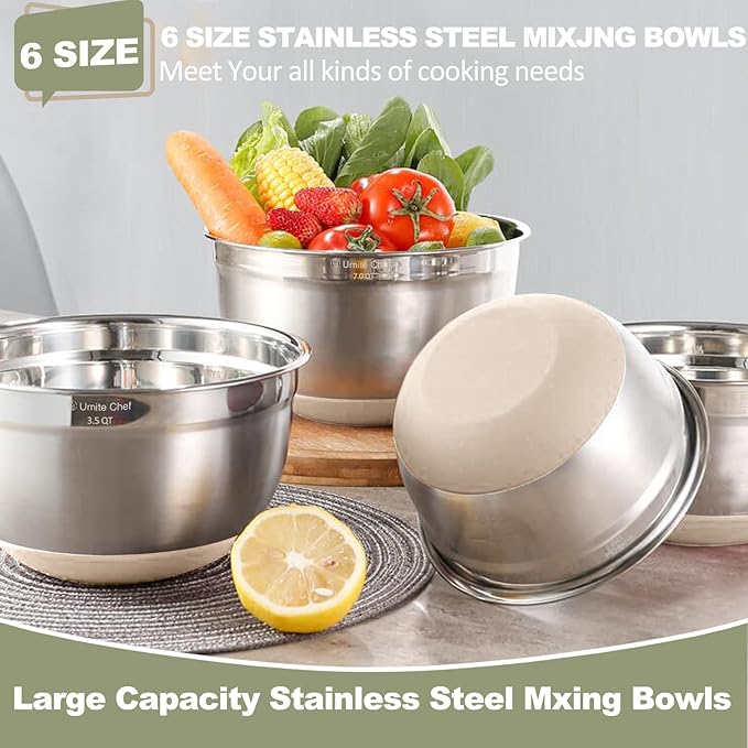 Umite Chef Mixing Bowls with Airtight Lids, 6 piece Stainless Steel Metal Nesting Storage Bowls, Non-Slip Bottoms Size 7, 3.5, 2.5, 2.0,1.5, 1QT, Great for Mixing & Serving (Khaki) - Image 4