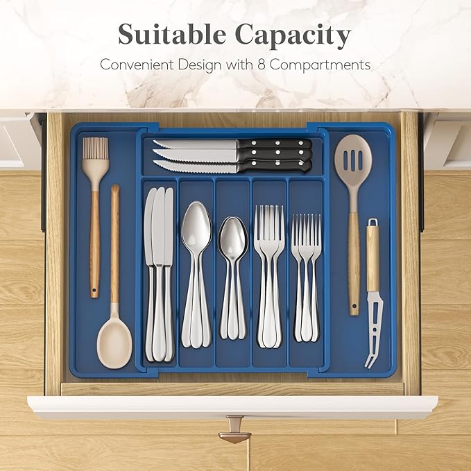 Lifewit Silverware Drawer Organizer, Expandable Utensil Tray for Kitchen, BPA Free Flatware and Cutlery Holder, Adjustable Plastic Storage for Spoons Forks Knives, 10.9"-17.5" x 13.7", Dark Blue - Image 3