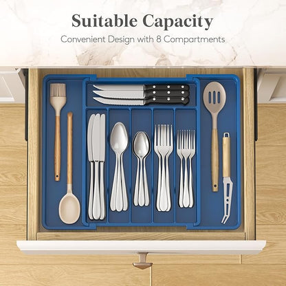 Lifewit Silverware Drawer Organizer, Expandable Utensil Tray for Kitchen, BPA Free Flatware and Cutlery Holder, Adjustable Plastic Storage for Spoons Forks Knives, 10.9"-17.5" x 13.7", Dark Blue - Image 3