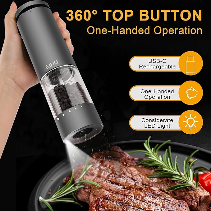 EIHO Electric Salt and Pepper Grinder Set USB Rechargeable, Upgraded External Adjustable Coarseness, Aluminum Alloy Automatic Salt and Pepper Shakers Mills with LED Light, House Warming Cooking Gifts - Image 3