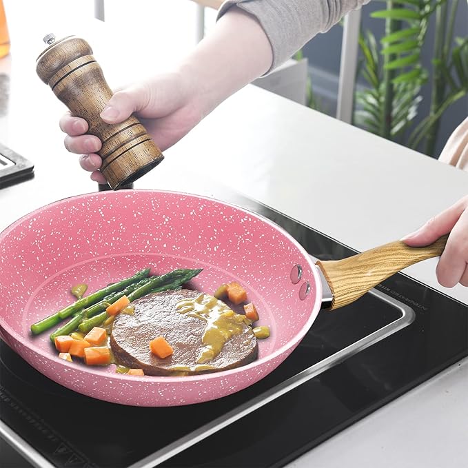 Frying Pan Nonstick Set, 8" & 9.5" & 11" Pink Egg Pan, Non Stick Fry Pan Set PFOA-Free Omelet Pan, Toxin-Free Skillets Stone Cookware, Anti-Warp Base with All Stove Tops Available,Induction Compatible - Image 7