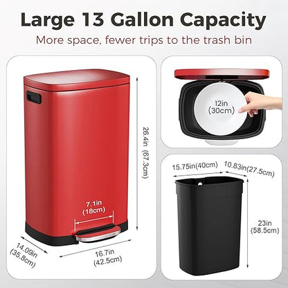 ELPHECO LPHECO Kitchen Trash Can with Lid Soft Close, 13 Gallon / 50L Stainless Steel Pedal Garbage Can, Heavy-Duty Step Wastebasket with 20 Bags, Removable Bucket, Home Office, Kitchen, Scarlet Red - Image 4