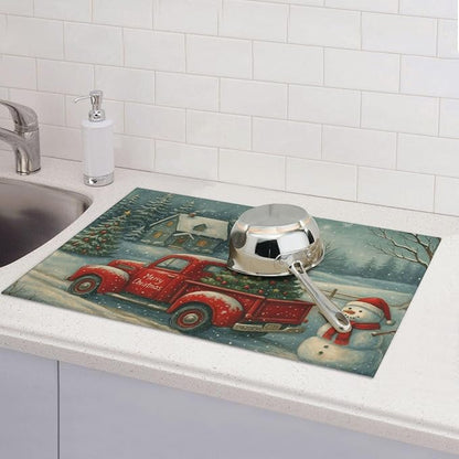Christmas Red Truck Xmas Tree Snowman Dish Drying Mats for Kitchen Counter, Large 18"x24" Dish Mats for Drying Dishes, Microfiber Absorbent Dish Drying Pad Rack Mat Kitchen Decor Reusable Washable