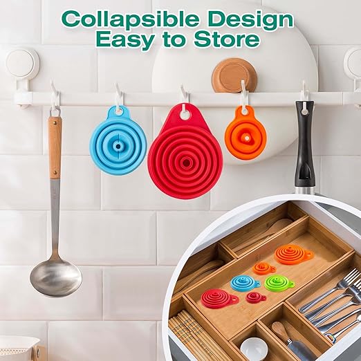 KALAVE Kitchen Funnel Set 6 Pack - Food Grade Silicone Collapsible Funnel, Funnels for Kitchen Use Filling Bottles, Daily Cooking, and Water or Powder Transfer. (Multicolor) - Image 7