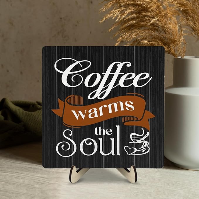 Coffee Bar Sign Plaque Decor,Coffee Bar Accessories,Rustic Wooden Tabletop Plaque with Stand, Minimalist Farmhouse Kitchen Counter Sign,Cute Mini Café Bar Decor Gift 5.9x5.9Inch - Image 7