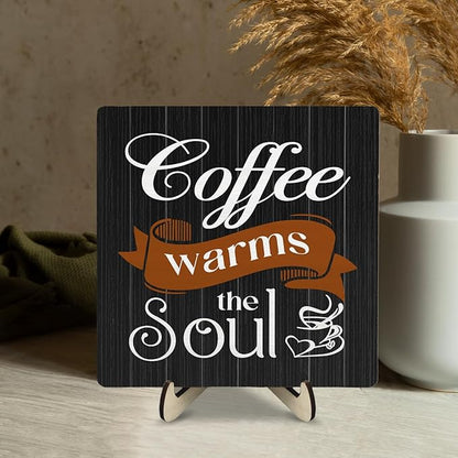 Coffee Bar Sign Plaque Decor,Coffee Bar Accessories,Rustic Wooden Tabletop Plaque with Stand, Minimalist Farmhouse Kitchen Counter Sign,Cute Mini Café Bar Decor Gift 5.9x5.9Inch - Image 7