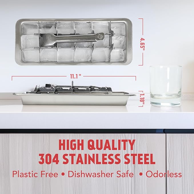 Stainless Steel Ice Cube Tray with lever (11", 18 cubes), Classic Metal Ice Cube Trays for Freezer, Vintage & Retro, Non Toxic, Plastic Free, Dishwasher safe - Image 6