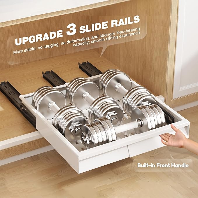 Seinloes 2 Pack Pull Out Cabinet Organizer With Raising Pad for Framed Cabinets,Expandable Width (11"-16") and Depth (13"-17"),3 Slide Rails Slide Out Drawers with Handle,No-Drill Roll Out Shelf,White - Image 6