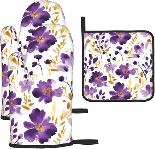 Spring Purple and Gold Floral Oven Mitts and Pot Holders Sets of 3, Non-Slip Heat Resistant Watercolor Flower Design Kitchen Gloves, Gifts for Women Cooking, Elegant Kitchen Decor for Baking Cooking by Unknown