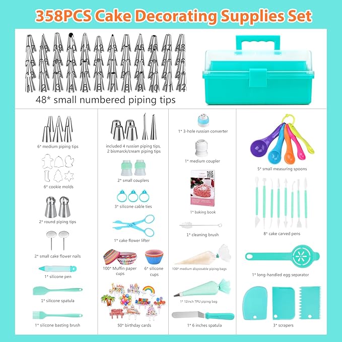 Cake Decorating Supplies Tools Kit: 358 pcs Baking Accessories with Storage Case - Piping Bags and Icing Tips Set - Puffs Christmas Cookie Cutters Cupcake Set for Beginners or Professional, Mint Green - Image 2