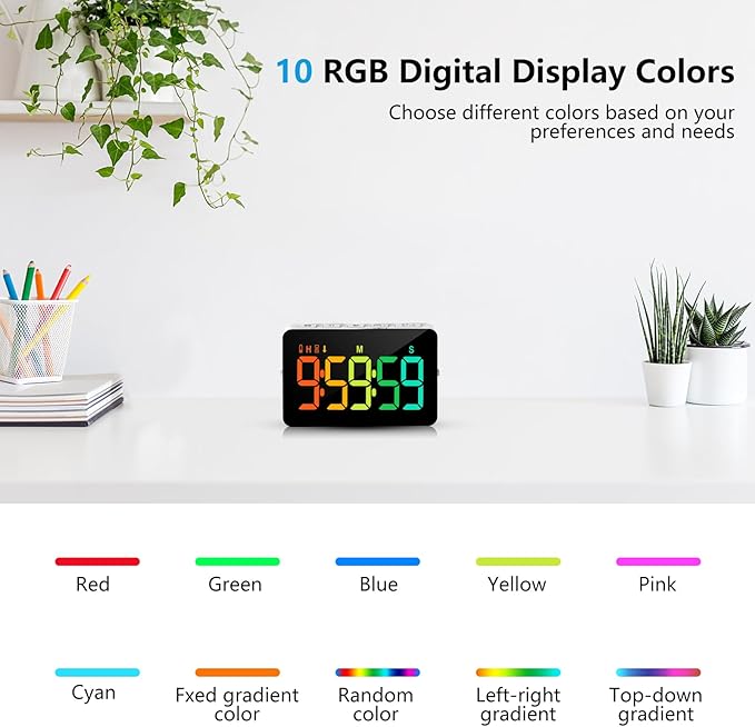 (2 Packs) Rechargeable Timers，Digital Kitchen Timer with 10 Dynamic RGB Color, Magnetic Classroom Timer with Countdown/up with 5”LED Display 3 Brightness 4 Volume Adjustable - Image 2