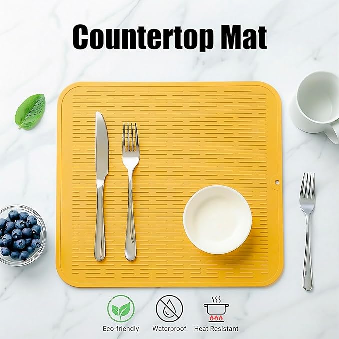 MicoYang Silicone Dish Drying Mat for Multiple Usage,Easy clean,Eco-friendly,Heat-resistant Silicone Mat for Kitchen Counter or Sink,Refrigerator or Drawer Liner Yellow XL 18 inches x 16 inches - Image 3