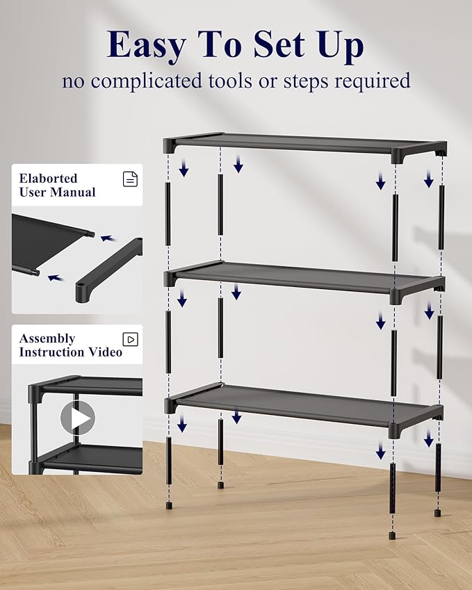 Kitsure Shoe Rack - Non-Woven Shoe Rack Shelf, Shoe Organizer for Closet, Entryway, Garage & Corridor, Stackable Shoe Shelves, 27.5" Wide - 3 Tier, Black - Image 8