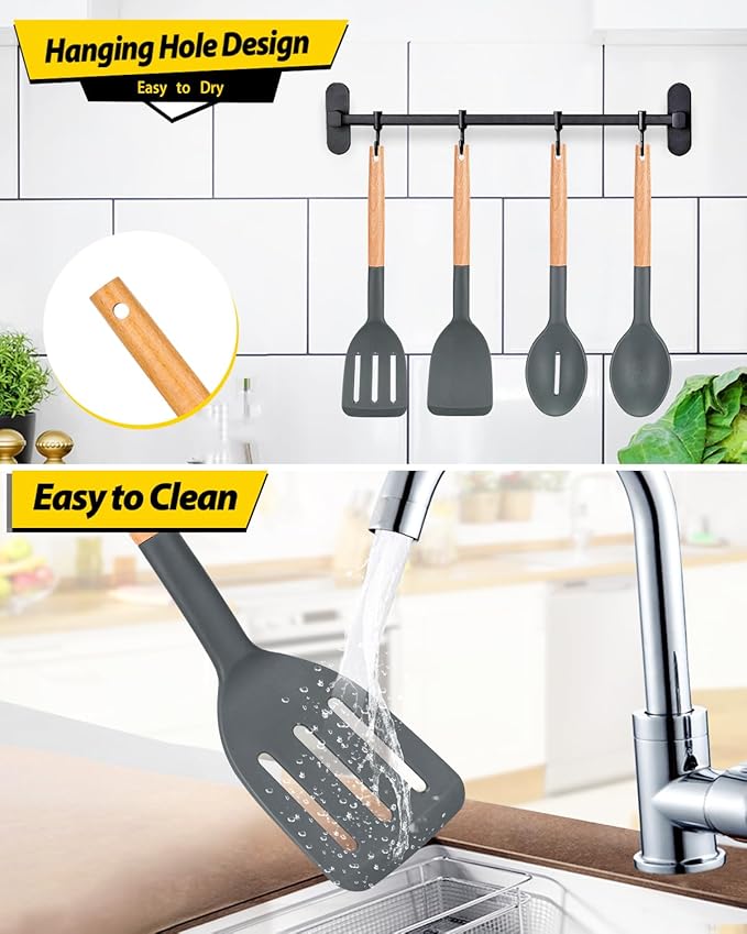Pack of 4 Silicone Cooking Utensils Set, Non Stick Solid Spatulas and Heat Resistant Slotted Spoons with Wooden Handle, Ideal Wood Kitchen Utensils Set for Frying,Serving,Turning,Stirring (GRAY) - Image 6