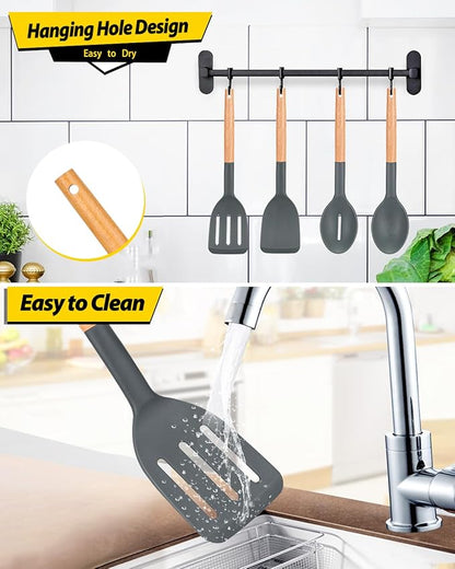 Pack of 4 Silicone Cooking Utensils Set, Non Stick Solid Spatulas and Heat Resistant Slotted Spoons with Wooden Handle, Ideal Wood Kitchen Utensils Set for Frying,Serving,Turning,Stirring (GRAY) - Image 6