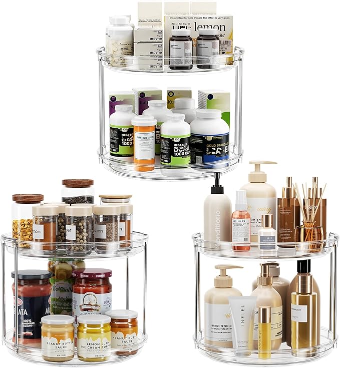 LAMU 3 Pack 2 Tier Lazy Susan Turntable Organizer 9.25'' Rotating Spice Rack Organization for Cabinet, Kitchen, Pantry, Countertop, Bathroom, Vanity, Medicine Cabinet Organizer, Clear by YourHome-OrganizationHelper
