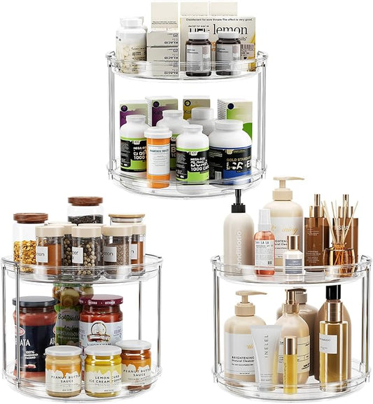 LAMU 3 Pack 2 Tier Lazy Susan Turntable Organizer 9.25'' Rotating Spice Rack Organization for Cabinet, Kitchen, Pantry, Countertop, Bathroom, Vanity, Medicine Cabinet Organizer, Clear by YourHome-OrganizationHelper