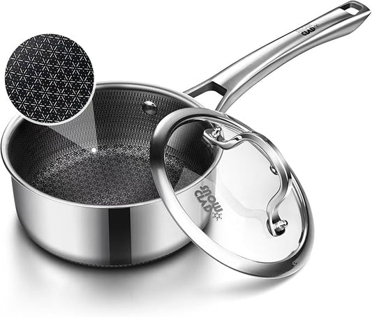 Sauce pan with lid,1.5 Quart Hybrid Nonstick Sauce pans set, Stainless Steel cookware,non stick Pots PFOA Free,Works on Induction,Ceramic and Gas Cooktops by SNOWCLAD